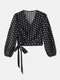Dot Print V-neck Puff Long Sleeve Knotted Blouse For Women - Black