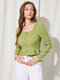 Solid Shirred Button Ruffle Square Collar Long Sleeve Blouse - Green