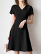 女性のための無地Aライン半袖Vネックドレス - 黒