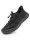 Men Hand Stitching Mesh Leather Splicing Non Slip Casual Outdoor Shoes - Black
