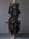 Bedruckte Seitentaschen O-Ausschnitt Baumwolle mit 3/4 Ärmeln Kleid - Schwarz