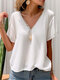 Women Lace Splice V-Neck Cotton Casual Short Sleeve Blouse - White