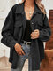 Solid Corduroy Loose Pocket Button Lapel Long Sleeve Jacket - Black