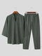 Mens Solid Texture Notched Neck Casual Two Pieces Outfits - Green