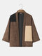 Mens Corduroy Color Block Patchwork Open Front Casual Loose Kimono - Dark Brown