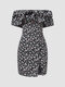 Ruffled Splited Floral Print Off-shoulder Short Sleeve Dresses - Black
