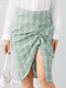 Check Print Folds Zip Irregular Hem Skirt For Women - Green