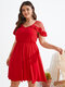 Plus Size Resort Wear Ruffle Trim Mesh Splice Midi Dress - Red