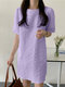 Puff Sleeve Solid Color Crew Neck Casual Dress - Purple