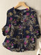 Allover Plants Print Button Front 3/4 Sleeve Crew Neck Blouse - Blue