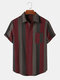 Camisas de manga corta de algodón con botones y bolsillo en el pecho a rayas para hombre - marrón