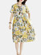Flower Print Round Neck Short Sleeve Casual Dress - Yellow
