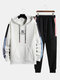 Mens Contrast Patchwork Letter Pattern Drawstring Hooded Casual Two Pieces Outfits - White
