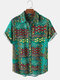 Mens 100% Cotton Abstract Print Curved Hem Short Sleeve Shirt - Green