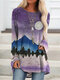 Landscape Print Long Sleeve O-neck Casual Blouse For Women - Purple