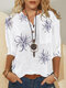 Blusa de manga comprida com estampa floral vintage de botão colarinho - Branco