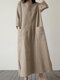Vestido vintage sólido com fenda dupla bolso e gola redonda - Damasco