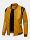 Mens Contrast Baseball Collar PU Leather Zipper Design Casual Jackets - Yellow