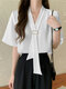 Blusa de media manga con cuello en V en contraste de color para Mujer - Blanco