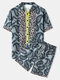 Mens Paisley & Leopard Print Patchwork Button Up Two Pieces Outfits - Gray