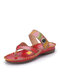 Socofy Bohemian Ethnic Print Genuine Leather Floral Flip Flops Adjustable Hook Loop Clip Toe Flat Beach Sandals - Red