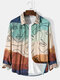 Mens Corduroy Art Printed Colorful Long Sleeve Front Buttons Shirts - Brown