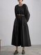 Solid Color Casual O-neck Long Lantern Sleeve Pleated Dress - Black