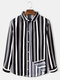 Mens Classical Vertical Striped Casual Loose Lapel Long Sleeve Shirts - Black