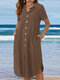 Solid Curved Hem Button Pocket Short Sleeve Shirt Dress - Brown