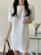 Puff Sleeve Solid Color Crew Neck Casual Dress - White