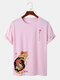 Mens Japanese Cat & Fish Print Crew Neck Short Sleeve T-Shirts - Pink
