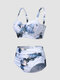 Bikinis de secado rápido sin espalda con aros fruncidos con estampado de mármol para mujer - Blanco