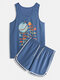Men Cartoon Print Cozy Loungewear Breathable Cotton Tanks Tops and Mini Workout Shorts - Blue