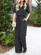 Solid Color Lapel Collar Button Short Sleeve Jumpsuit With Pocket - Black