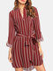 Striped Long Sleeve Stand Collar Asymmetrical Dress With Belt - Wine Red