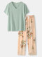 Women Flower Pattern V-Neck T-Shirt & Drawstring Pants Comfy Pajama Sets - Green