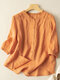 Women Plain Frill Neck Button Front Cotton Puff Sleeve Shirt - Orange