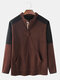 Mens Contrast Patchwork Button Up Fleece Casual Pouch Pocket Sweatshirts - Brown