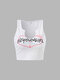Ribbed Knit Plunging Neck Letters Heart Graphic Crop Tank Top - White