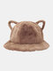 Women Lamb Wool Cartoon Cat Ear Shape Decor Thicken Warm Thermal Hat Bucket Hat - Coffee