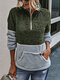 Patchwork Long Sleeve High Neck Zipper Fly Pocket Sweatshirt For Women - Army