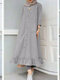 Women Ethnic Solid Color Button Ruffled Hem Pocket Casual Dress - Gray