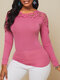 Solid Color Long Sleeve V-neck Lace Patchwork T-shirt For Women - Red