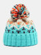 Women Knitted Thickened Color-match Geometric Pattern Mixed Color Fur Ball Decorative Warmth Brimless Beanie Hat - Blue