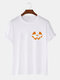 Mens 100% Cotton Halloween Funny Pumpkin Printed O-Neck Casual Short Sleeve T-Shirts - White