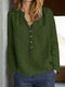 Solid Pocket Button Front V-neck Long Sleeve Blouse - Dark Green