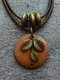 Vintage Round-shaped Wood Chip Alloy Leaves Pendant Double-layer Wax Rope Necklace - #01