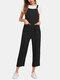 Plain Button Strap Plus Size Casual Jumpsuit with Pocket - Black