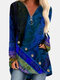 Ethnic Print Patchwork Vintage Long Sleeve Blouse For Women - Blue