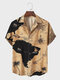 Mens Navigation Map Coconut Tree Print Revere Collar Short Sleeve Shirts - Khaki
